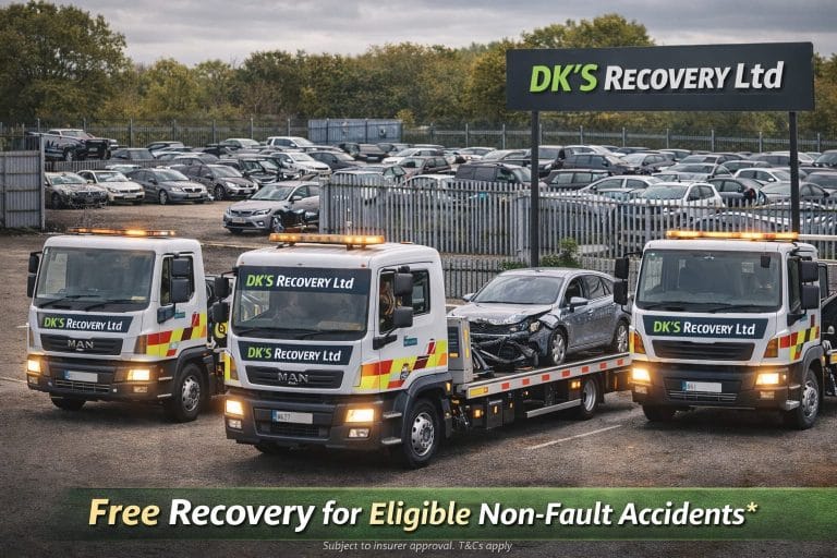 Three DK's Recovery flatbed trucks at the yard beneath the DK's Recovery Ltd sign