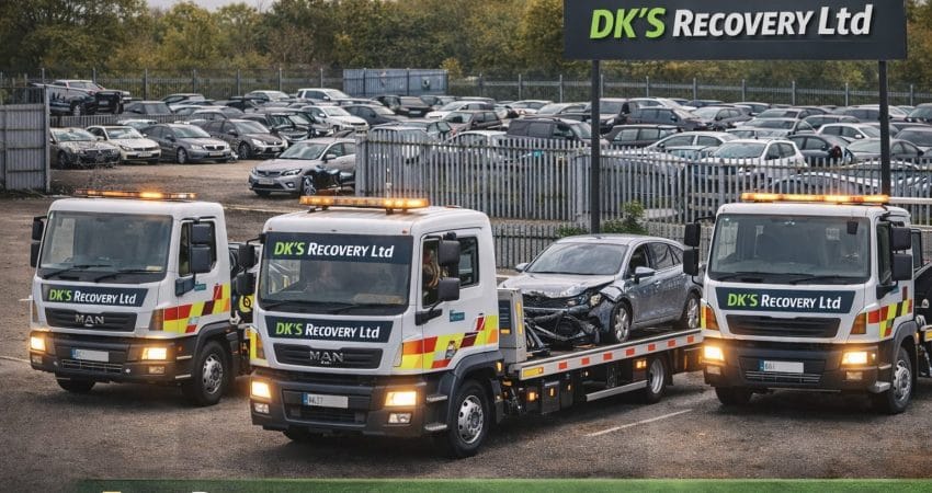 Three DK's Recovery flatbed trucks at the yard beneath the DK's Recovery Ltd sign