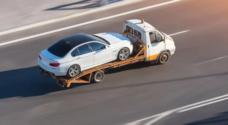 A car being carried on the back of a flatbed recovery truck